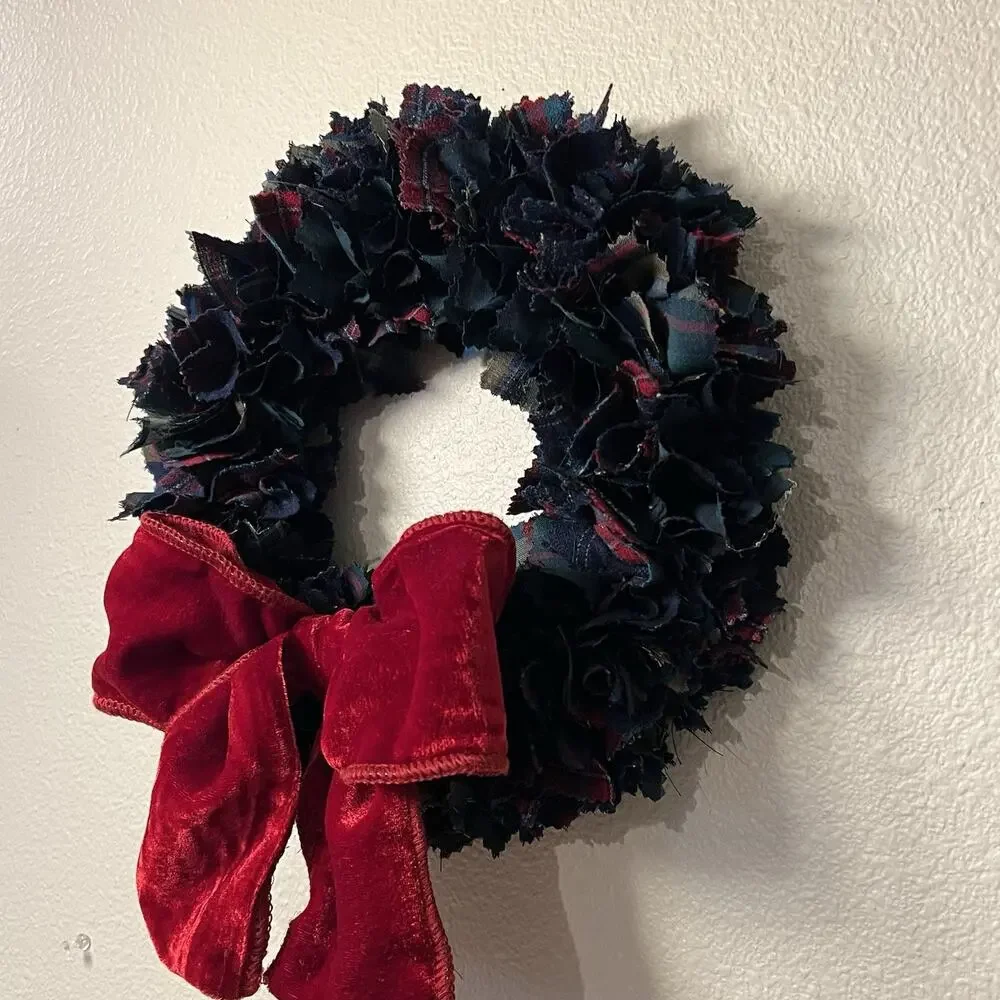 Handmade Pendleton Wool Shirt Wreath 12” Christmas Winter Plaid Red Velvet Bow